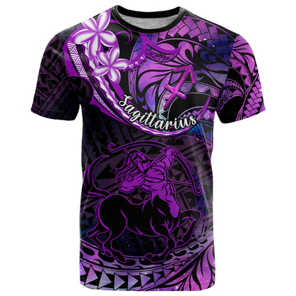 Polynesian Pride Sagittarius Zodiac T-Shirt Astrological Sign Tribal Plumeria Purple Galaxy Graphic Tee