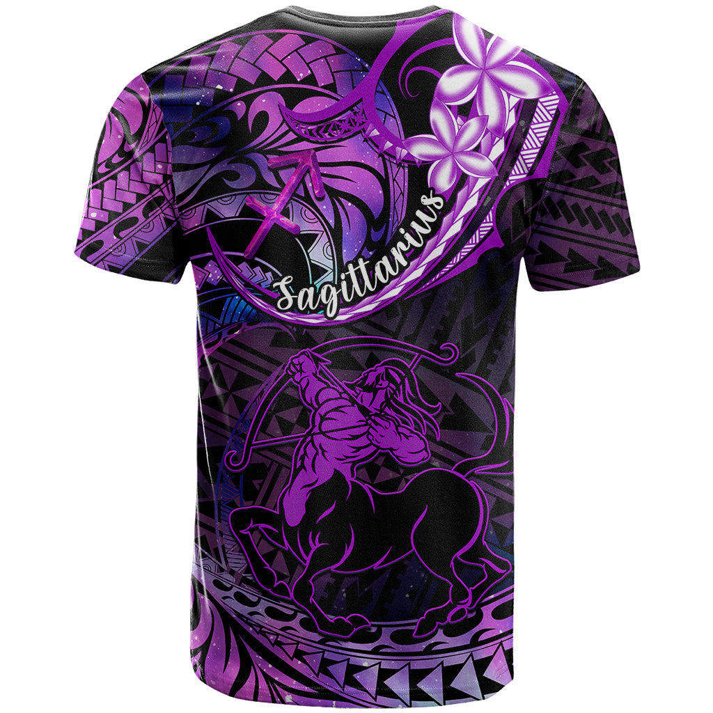 Polynesian Pride Sagittarius Zodiac T-Shirt Astrological Sign Tribal Plumeria Purple Galaxy Graphic Tee