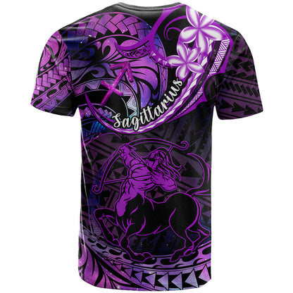 Polynesian Pride Sagittarius Zodiac T-Shirt Astrological Sign Tribal Plumeria Purple Galaxy Graphic Tee