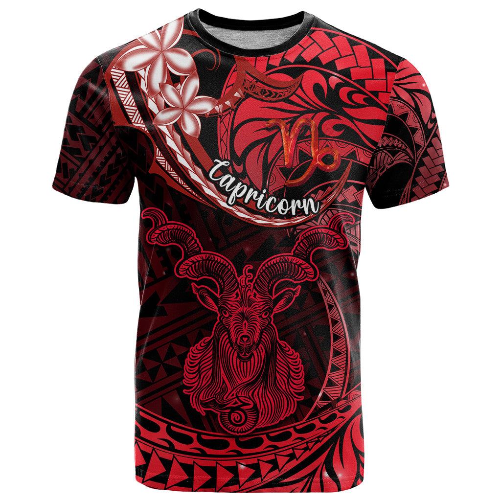 Polynesian Pride Capricorn Zodiac T-Shirt Astrological Sign Tribal Plumeria Red Galaxy Graphic Tee