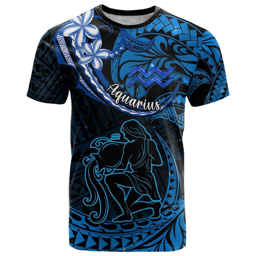Polynesian Pride Aquarius Zodiac T-Shirt Astrological Sign Tribal Plumeria Blue Galaxy Graphic Tee