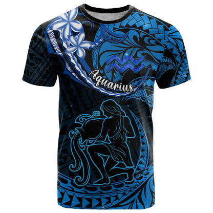 Polynesian Pride Aquarius Zodiac T-Shirt Astrological Sign Tribal Plumeria Blue Galaxy Graphic Tee