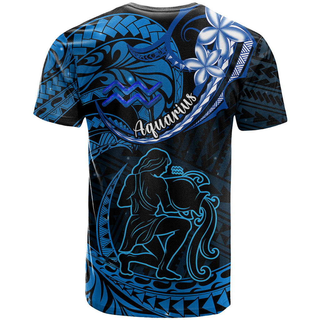 Polynesian Pride Aquarius Zodiac T-Shirt Astrological Sign Tribal Plumeria Blue Galaxy Graphic Tee