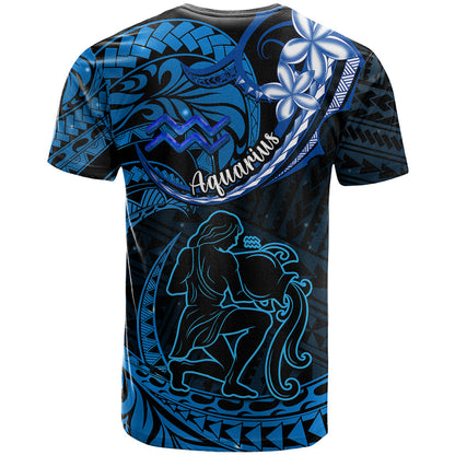Polynesian Pride Aquarius Zodiac T-Shirt Astrological Sign Tribal Plumeria Blue Galaxy Graphic Tee