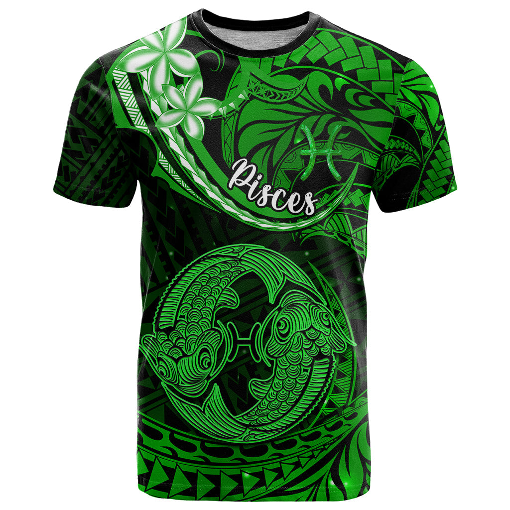 Polynesian Pride Pisces Zodiac T-Shirt Astrological Sign Tribal Plumeria Green Galaxy Graphic Tee