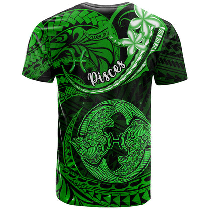 Polynesian Pride Pisces Zodiac T-Shirt Astrological Sign Tribal Plumeria Green Galaxy Graphic Tee