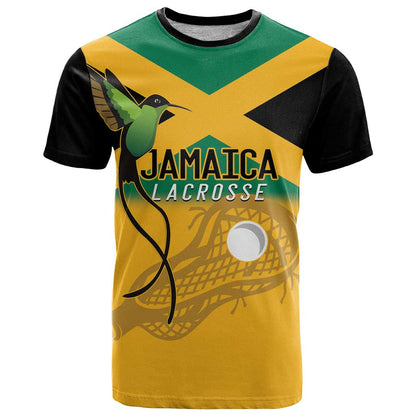 Custom Jamaica Lacrosse T-Shirt Streamertail Hummingbird With Flag Graphic Tee