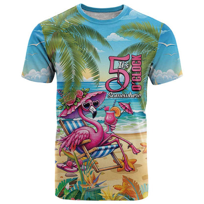 Flamingo Aloha Hawaii T-Shirt It's 5 OClock Somewhere Tropical Vibes Graphic Tee
