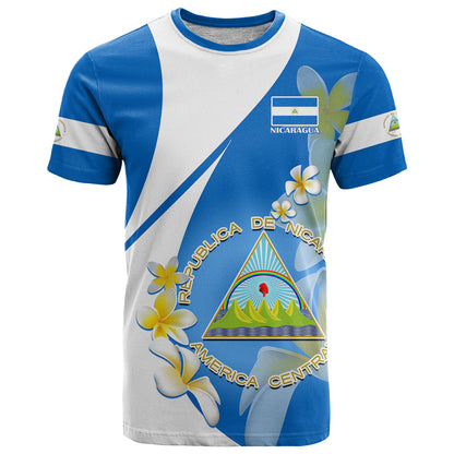 Nicaragua Independence Day T-Shirt Nicaraguan Coat of Arms With Sacuanjoche Flowers Graphic Tee
