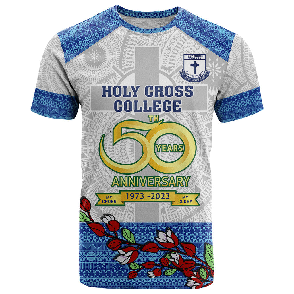 Personalised Fiji Holy Cross College T-Shirt Happy 50th Anniversary Fijian Tagimoucia Tapa Pattern Graphic Tee