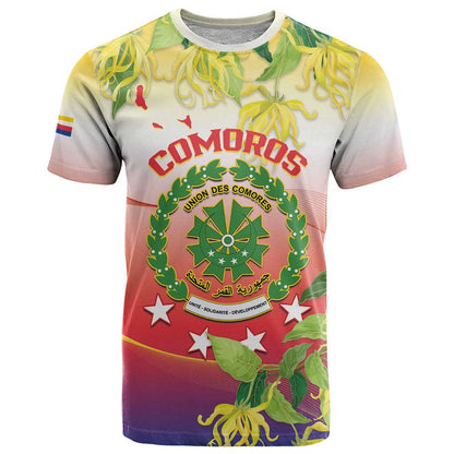 Personalized Comoros T-Shirt Coat Of Arms Mix Ylang Ylang Flower Graphic Tee