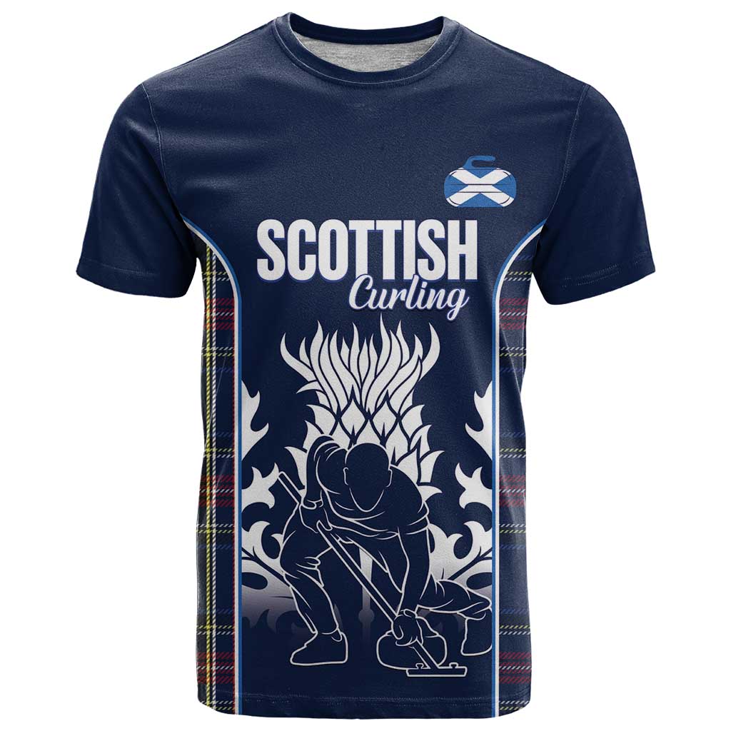 Custom Scotland Curling T-Shirt Scottish Thistle Mix Tartan Pattern Graphic Tee