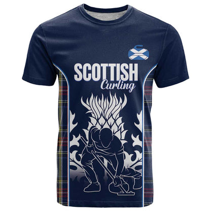 Custom Scotland Curling T-Shirt Scottish Thistle Mix Tartan Pattern Graphic Tee
