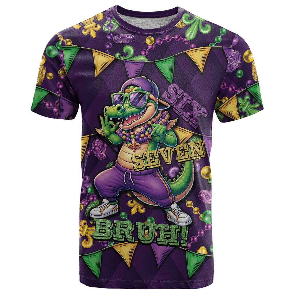 Six Seven Alligator Mardi Gras T-Shirt 67 Gen Alpha Slang Carnival Beads Graphic Tee