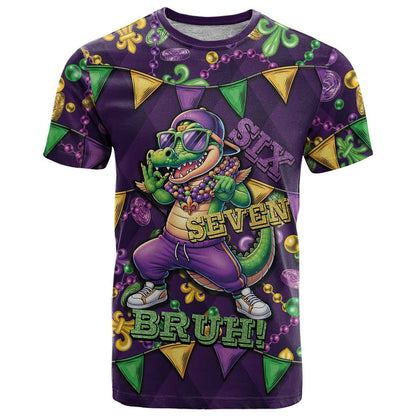 Six Seven Alligator Mardi Gras T-Shirt 67 Gen Alpha Slang Carnival Beads Graphic Tee