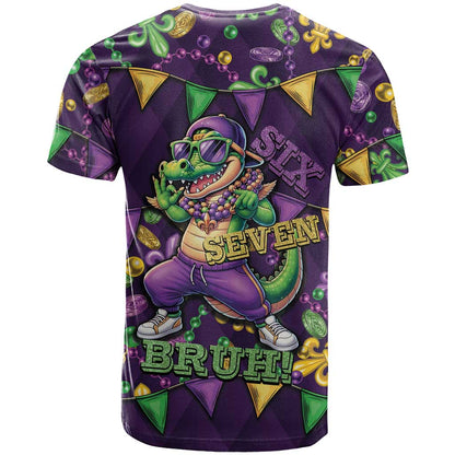 Six Seven Alligator Mardi Gras T-Shirt 67 Gen Alpha Slang Carnival Beads Graphic Tee