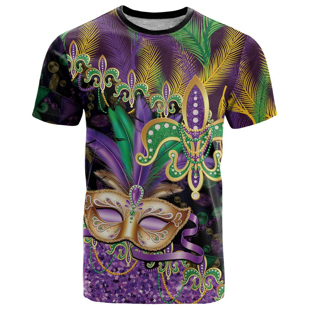 Fleur De Lis Mardi Gras Mask T-Shirt 504 NOLA Carnival Feathers Glitter Effect Graphic Tee