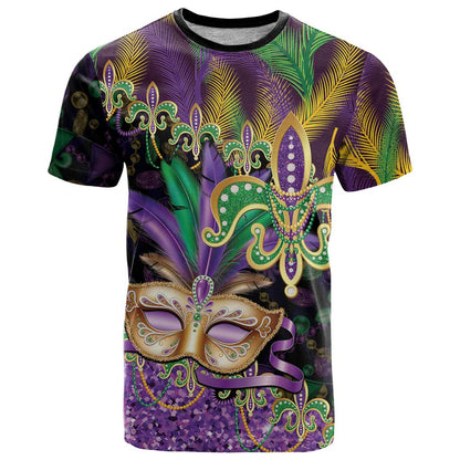 Fleur De Lis Mardi Gras Mask T-Shirt 504 NOLA Carnival Feathers Glitter Effect Graphic Tee