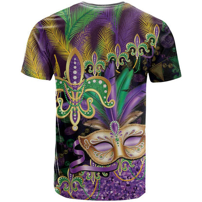 Fleur De Lis Mardi Gras Mask T-Shirt 504 NOLA Carnival Feathers Glitter Effect Graphic Tee