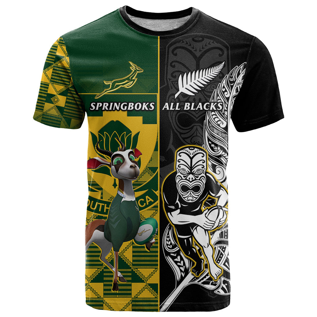 Custom South Africa And Aotearoa Rugby T-Shirt Springboks Kente Combine All Black Maori Fern Graphic Tee