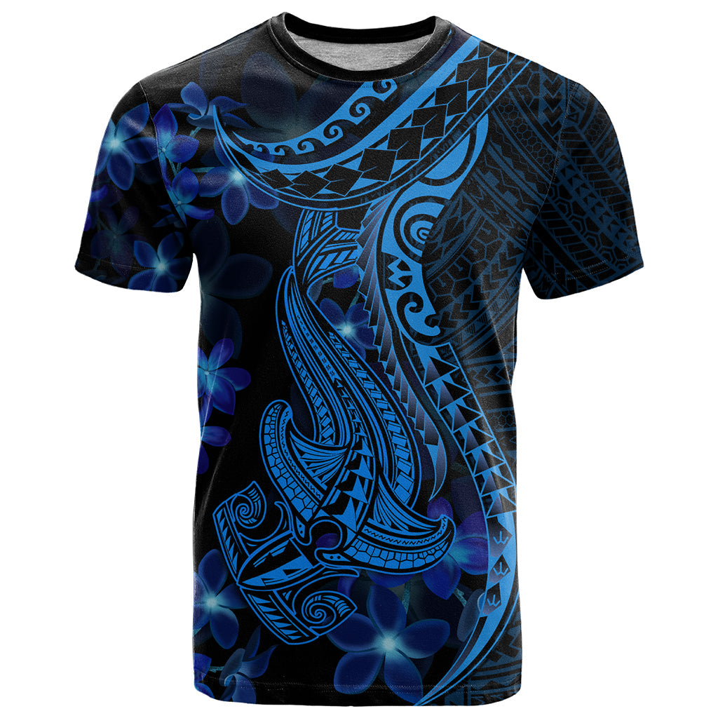 Blue Polynesia Shark Tattoo T-Shirt With Polynesian Plumeria Graphic Tee
