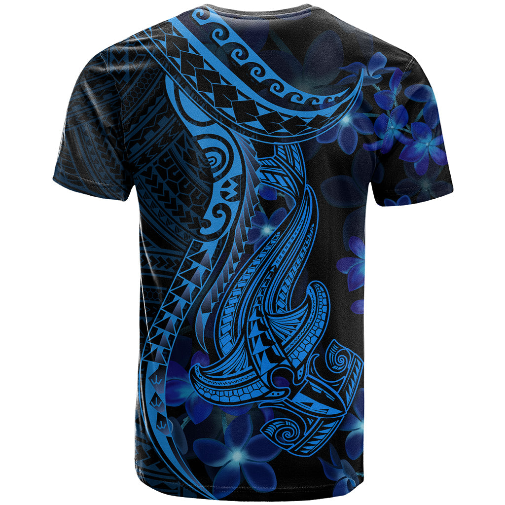 Blue Polynesia Shark Tattoo T-Shirt With Polynesian Plumeria Graphic Tee