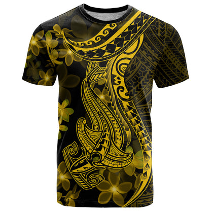 Gold Polynesia Shark Tattoo T-Shirt With Polynesian Plumeria Graphic Tee