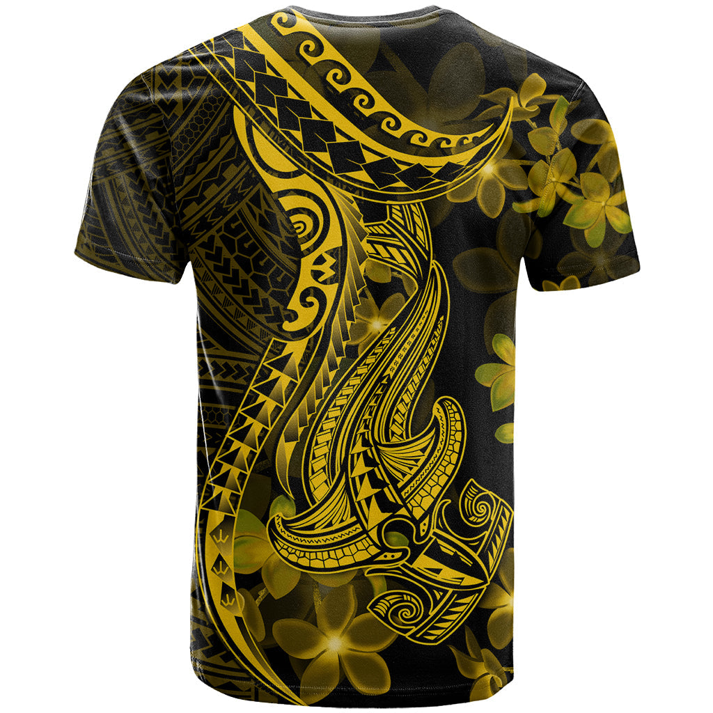 Gold Polynesia Shark Tattoo T-Shirt With Polynesian Plumeria Graphic Tee