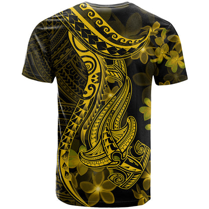Gold Polynesia Shark Tattoo T-Shirt With Polynesian Plumeria Graphic Tee
