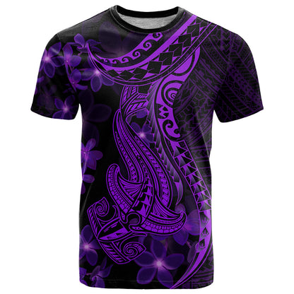 Purple Polynesia Shark Tattoo T-Shirt With Polynesian Plumeria Graphic Tee