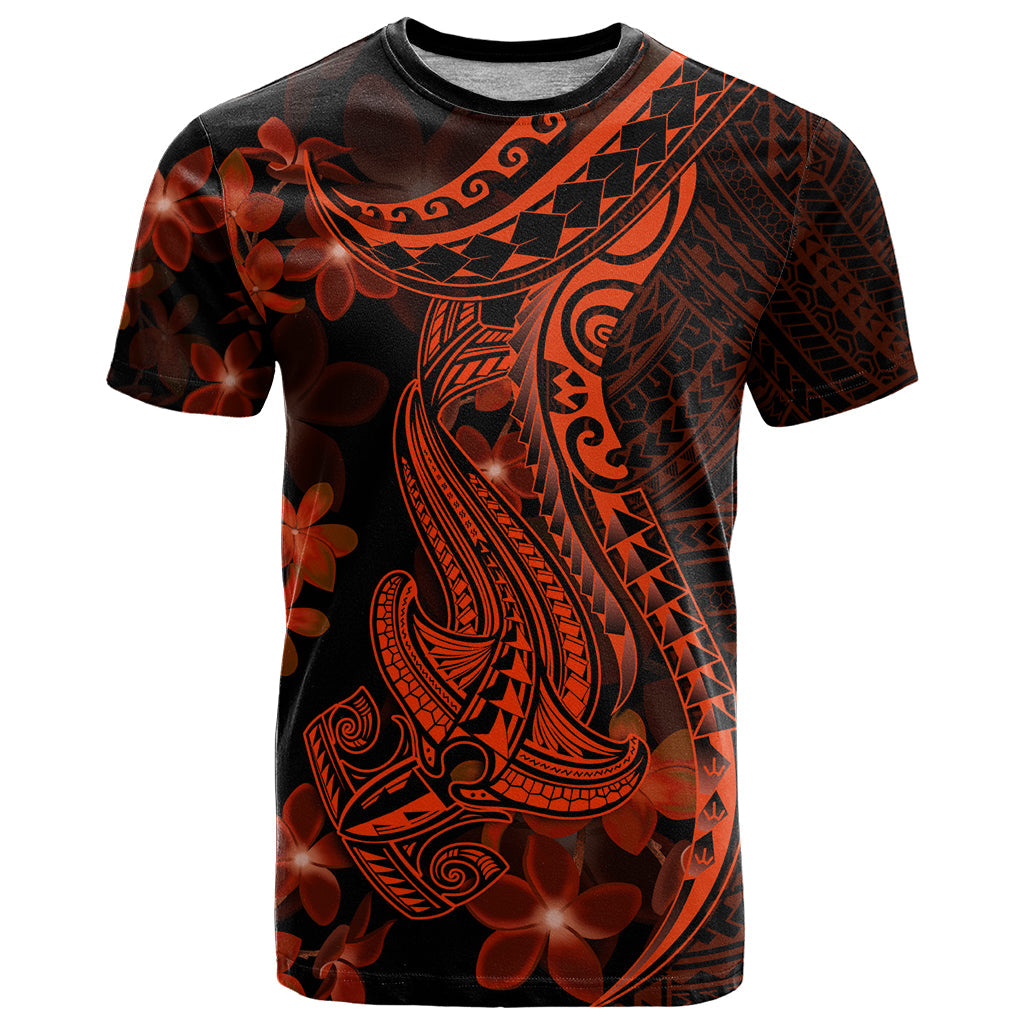 Red Polynesia T-Shirt Shark Tattoo With Polynesian Plumeria Graphic Tee
