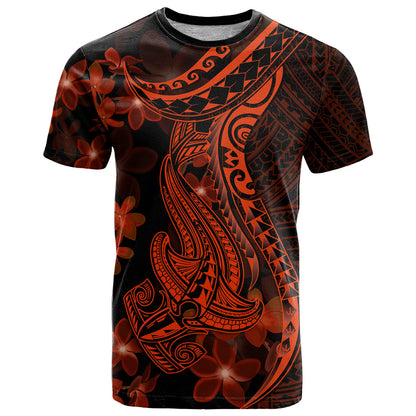 Red Polynesia T-Shirt Shark Tattoo With Polynesian Plumeria Graphic Tee