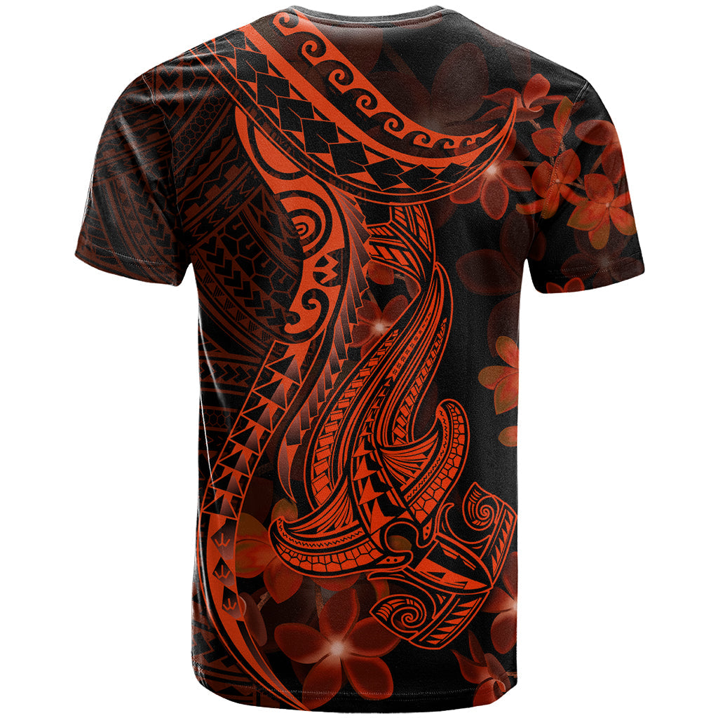 Red Polynesia T-Shirt Shark Tattoo With Polynesian Plumeria Graphic Tee