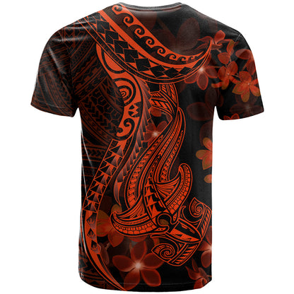 Red Polynesia T-Shirt Shark Tattoo With Polynesian Plumeria Graphic Tee