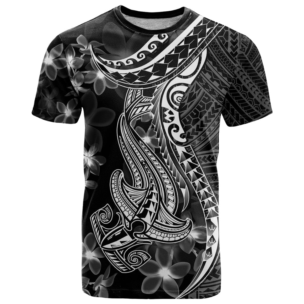 Black Polynesia T-Shirt Shark Tattoo With Polynesian Plumeria Graphic Tee