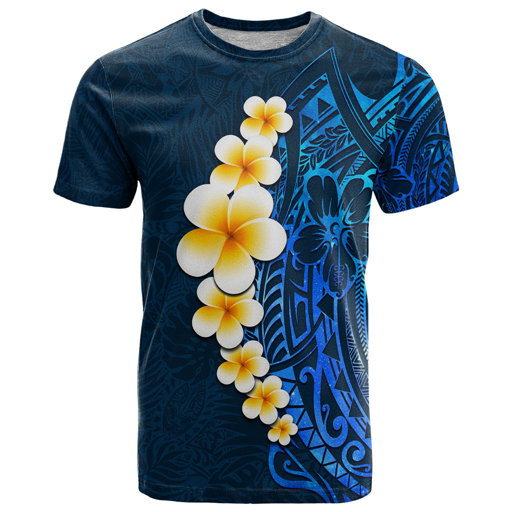 Blue Polynesia T-Shirt Plumeria Tropical Leaves With Galaxy Polynesian Art Graphic Tee