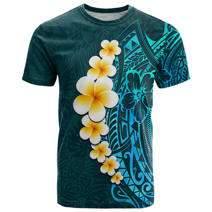 Turquosie Polynesia T-Shirt Plumeria Tropical Leaves With Galaxy Polynesian Art Graphic Tee