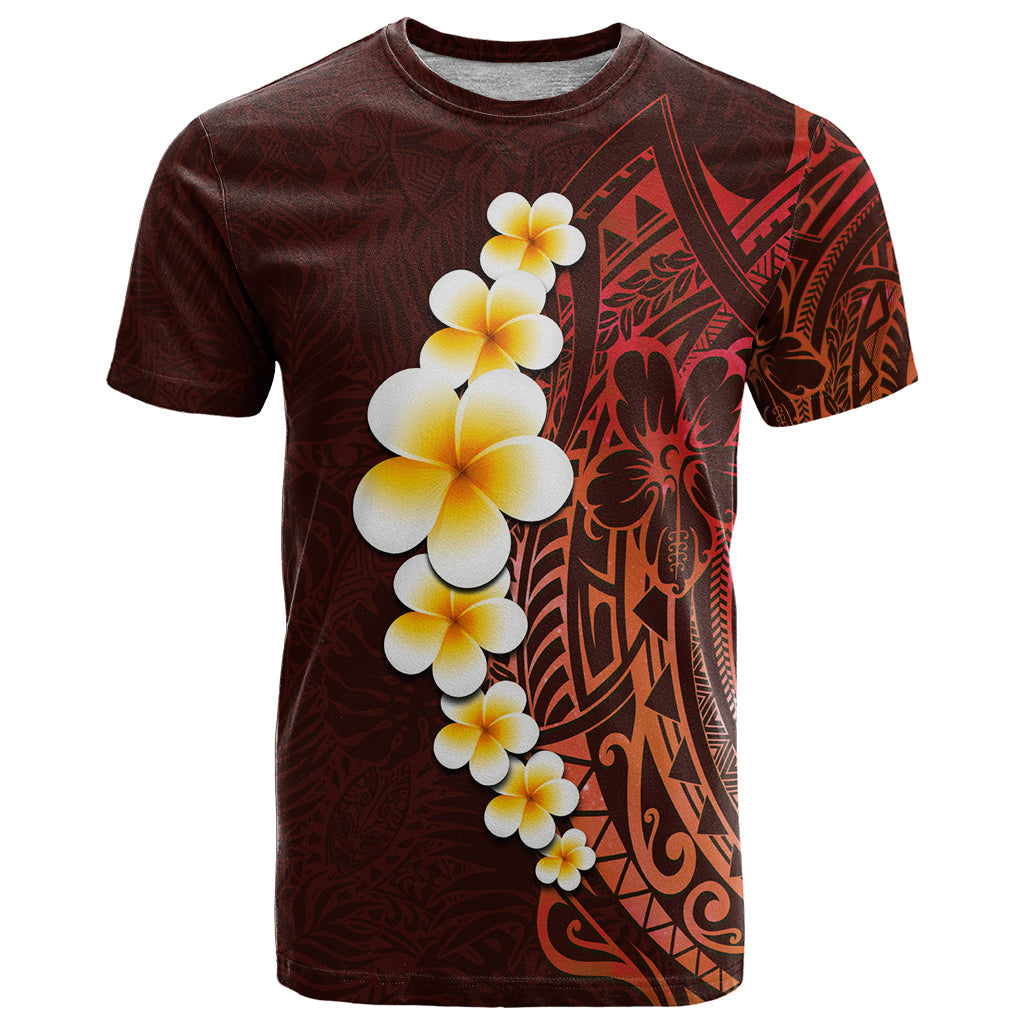 Red Tropical Plumeria With Galaxy Polynesian Art T-Shirt Graphic Tee