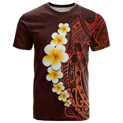 Red Tropical Plumeria With Galaxy Polynesian Art T-Shirt Graphic Tee