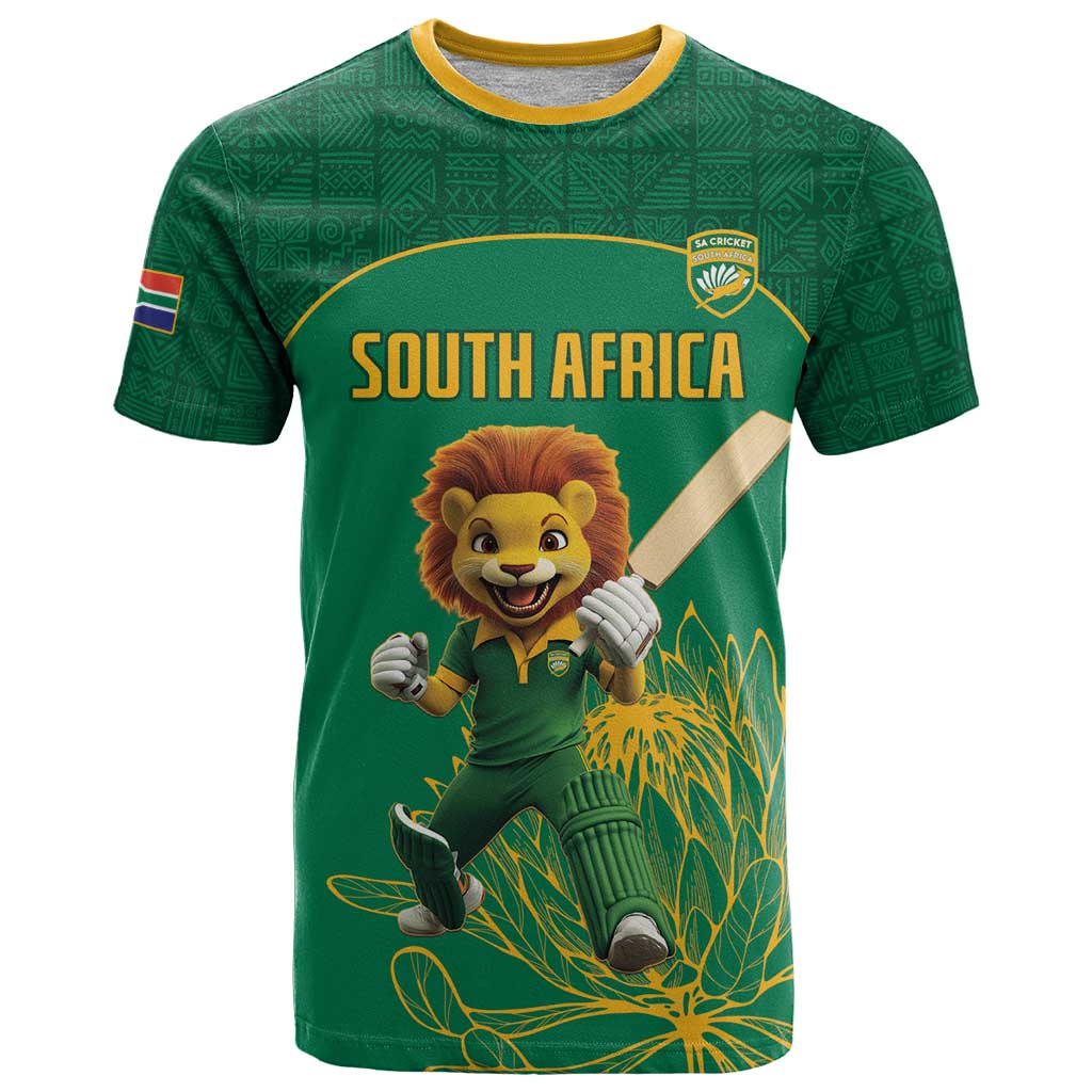 Custom South Africa Cricket T-Shirt Lion Mascot With Protea Graphic Tee