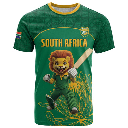 Custom South Africa Cricket T-Shirt Lion Mascot With Protea Graphic Tee