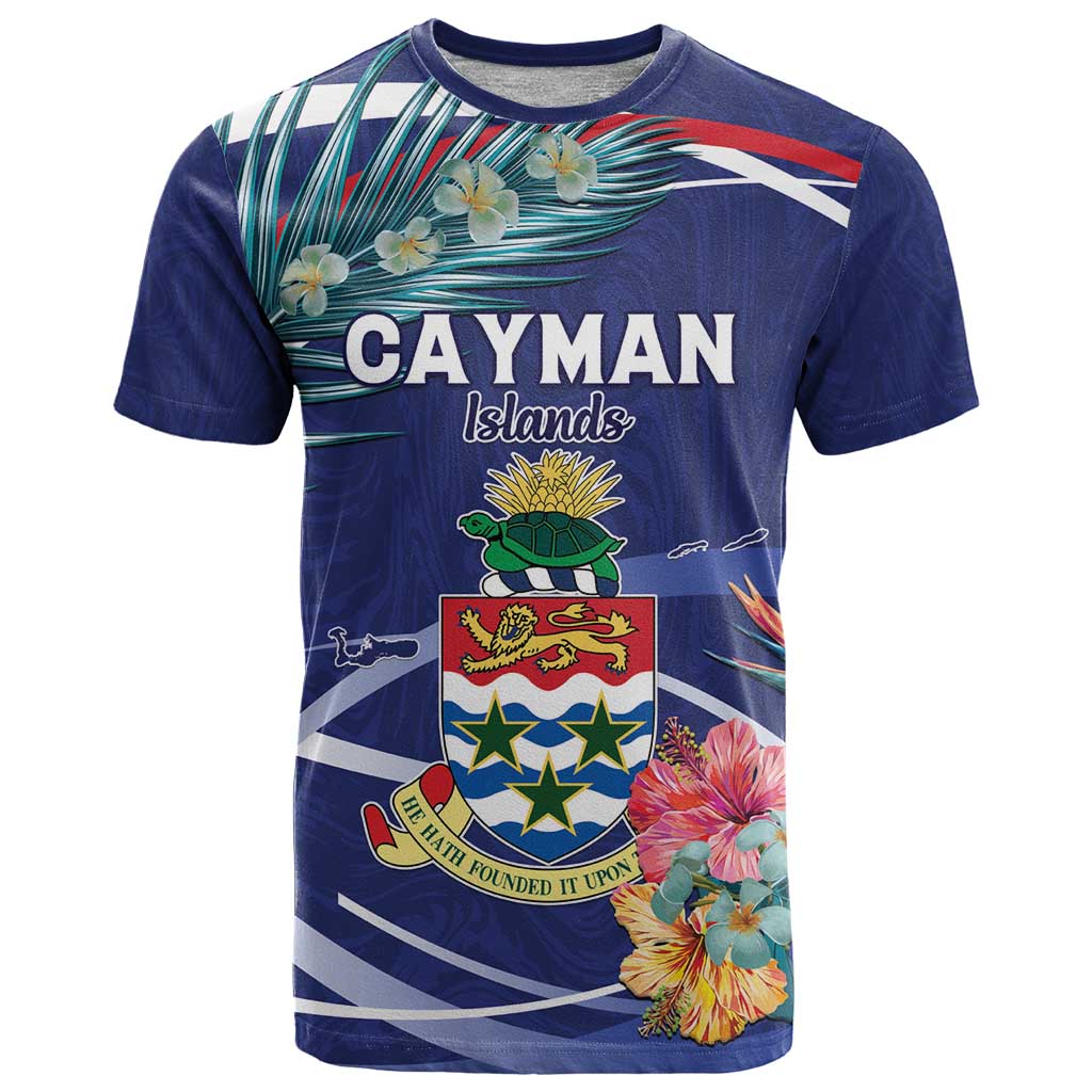 Personalized Cayman Islands T-Shirt Coat Of Arms Tropical Flowers Graphic Tee