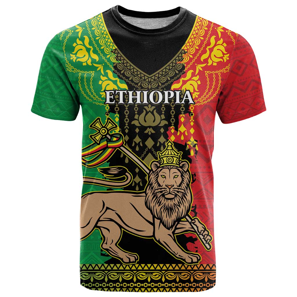 Personalised Ethiopia T-Shirt Lion Of Judah Mix African Pattern Graphic Tee