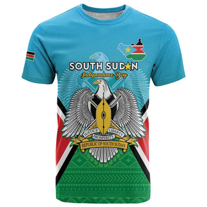Personalised South Sudan Independence Day T-Shirt Coat Of Arms With Flag Map Graphic Tee