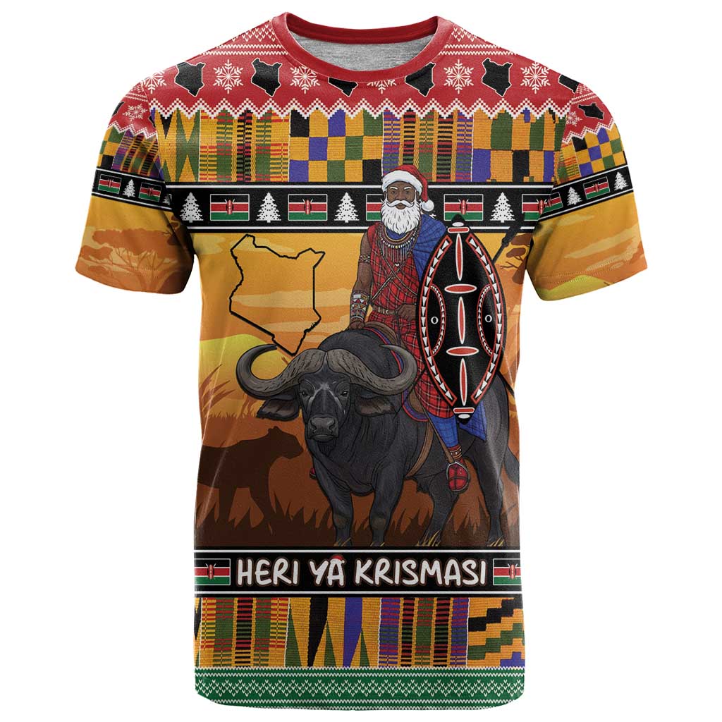 Kenya Safari Christmas T-Shirt Black Santa Riding Cape Buffalo - Heri ya Krismasi Graphic Tee