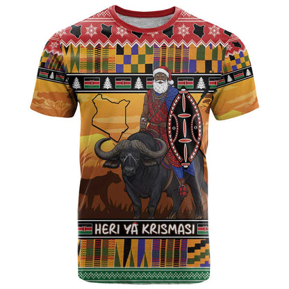Kenya Safari Christmas T-Shirt Black Santa Riding Cape Buffalo - Heri ya Krismasi Graphic Tee