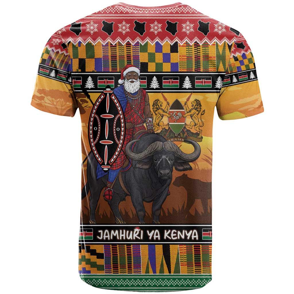 Kenya Safari Christmas T-Shirt Black Santa Riding Cape Buffalo - Heri ya Krismasi Graphic Tee
