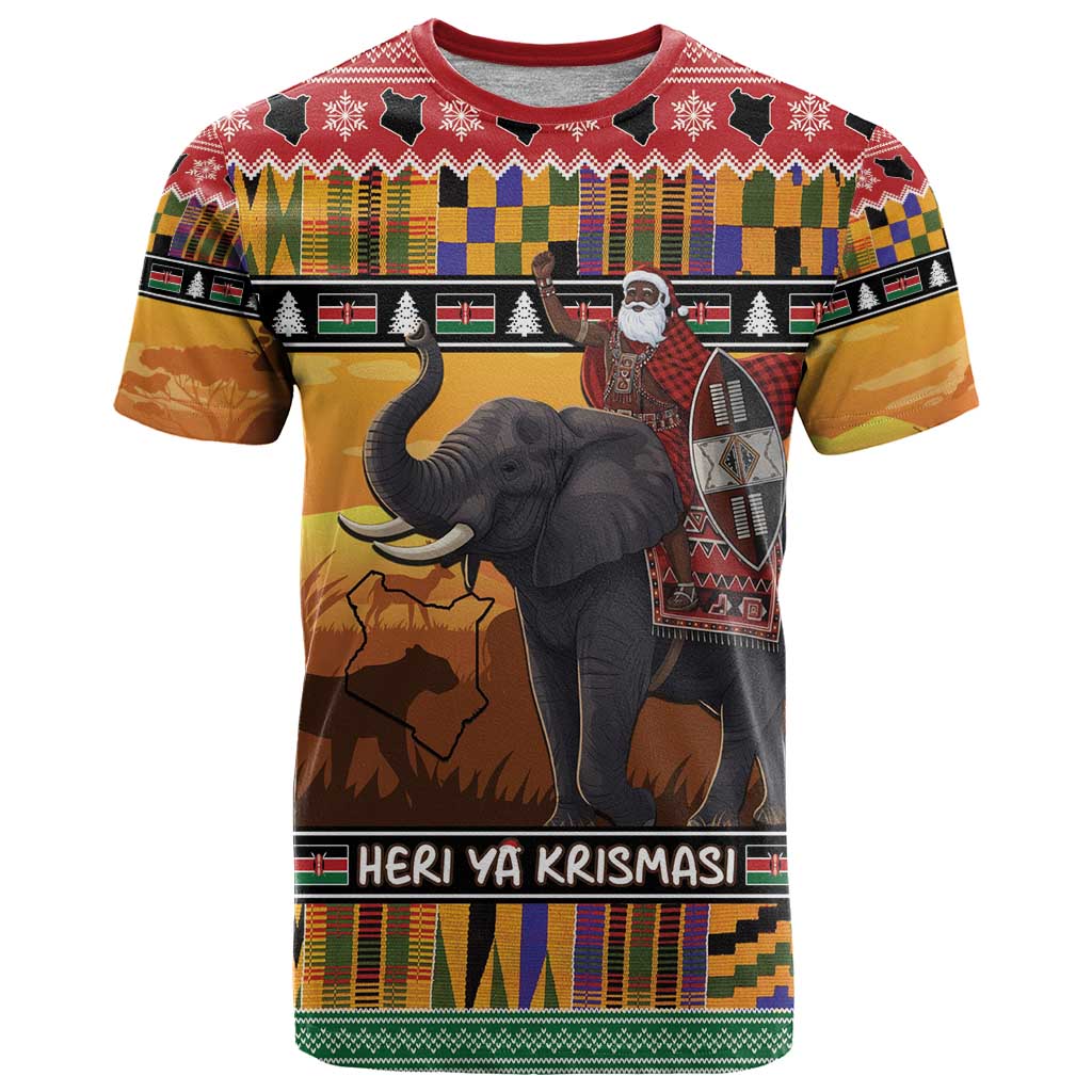 Kenya Safari Christmas T-Shirt Black Santa Riding Elephant - Heri ya Krismasi Graphic Tee