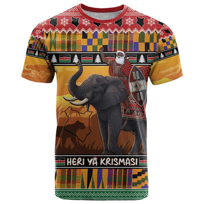 Kenya Safari Christmas T-Shirt Black Santa Riding Elephant - Heri ya Krismasi Graphic Tee
