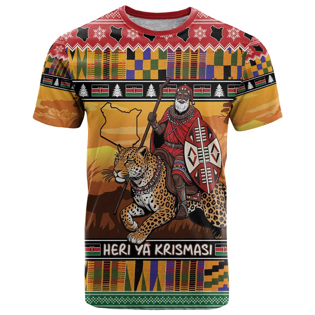 Kenya Safari Christmas T-Shirt Black Santa Riding Leopards - Heri ya Krismasi Graphic Tee